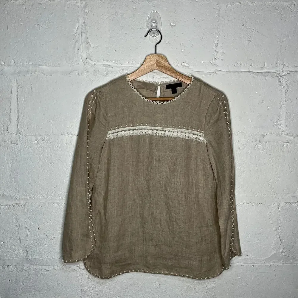 J. Crew Women's Fringe Embroidered Linen Keyhole‎ Crewneck Tan White Top Size 00